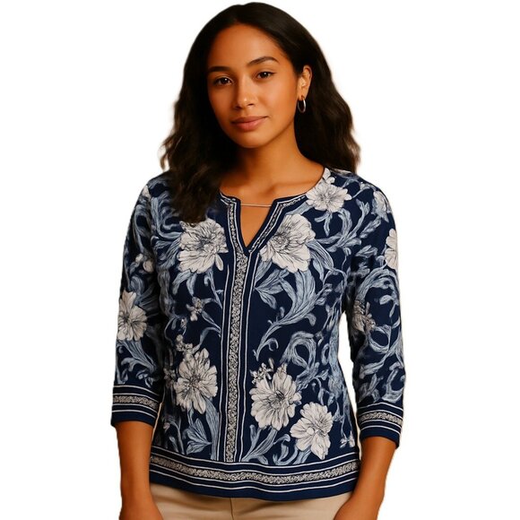 JM Collection Navy Blue Floral Embellished Top Womens Petite Medium Career Wear - Picture 1 of 15
